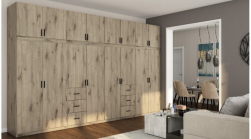 Spinta 380/240 – drabužių kabyklos, vidinės lentynos, erdvūs išoriniai stalčiai