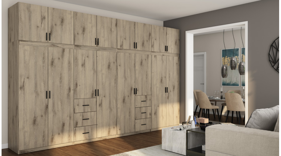 Spinta 380/240 - drabužių kabyklos, vidinės lentynos, erdvūs išoriniai stalčiai