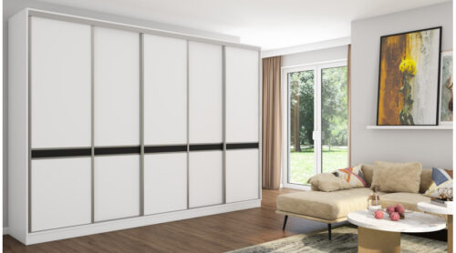 Spinta 5D/340 – pakabos strypai, pantografas, kelnių, kaklaraiščių ir diržų pakaba, stalčiai, daug lentynų