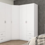 Kampinė spinta 189/214 - pakabinimo bėgeliai, erdvūs stalčiai, lentynos