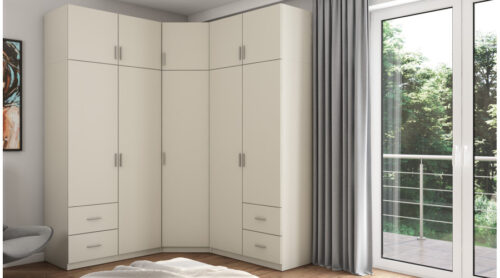 Kampinė spinta 189/240 – pakabinimo bėgeliai, erdvūs stalčiai, lentynos