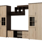 Daugiafunkcinė sieninė spintelė su spintomis ir televizoriaus zona 330 × 200 cm Sonoma Ciemna / Sonoma Jasna – JOWISZ