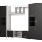 Daugiafunkcinė sieninė spintelė su spintomis ir televizoriaus zona 330 × 200 cm, Szary Jasny / Czarny – JOWISZ