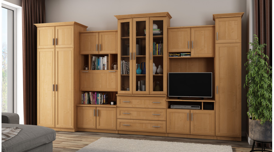 Aukšta klasikinio stiliaus sieninė spintelė su erdviomis spintomis ir televizoriaus spintele, 370 × 207 cm, Olcha – ALEN - Paveikslėlis 2