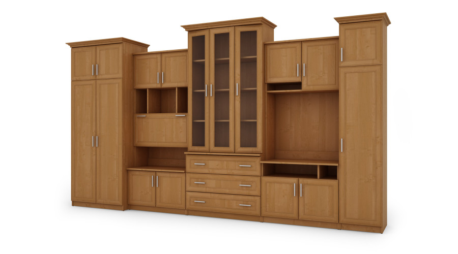 Aukšta klasikinio stiliaus sieninė spintelė su erdviomis spintomis ir televizoriaus spintele, 370 × 207 cm, Olcha – ALEN