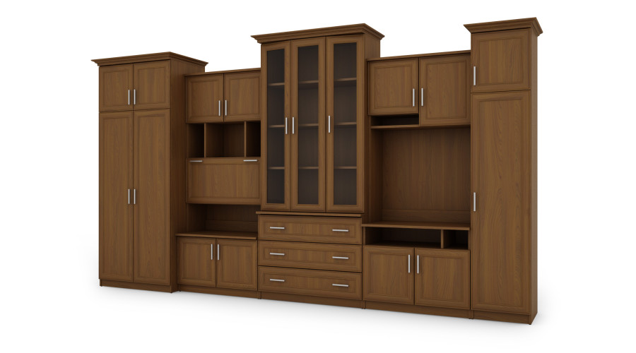 Aukšta klasikinė sieninė spintelė su erdviomis spintomis ir televizoriaus spintele 370 × 207 cm Wiśnia Porto – ALEN