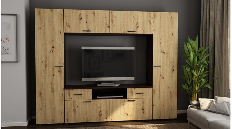 Įmontuojama sieninė spintelė su vieta televizoriui 240 × 190 cm Sonoma Ciemna / Dąb Artisan – PLUTON - Paveikslėlis 2