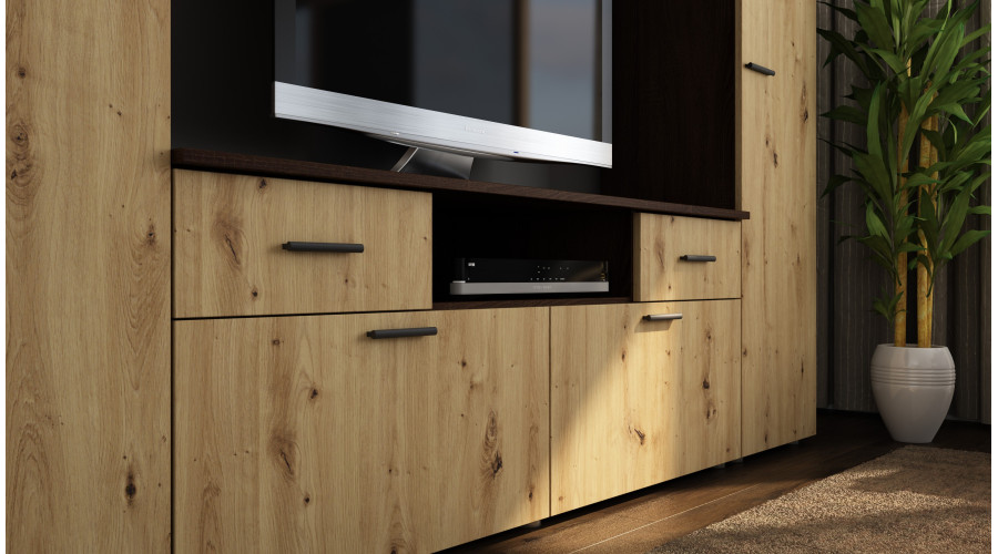 Įmontuojama sieninė spintelė su vieta televizoriui 240 × 190 cm Sonoma Ciemna / Dąb Artisan – PLUTON - Paveikslėlis 4