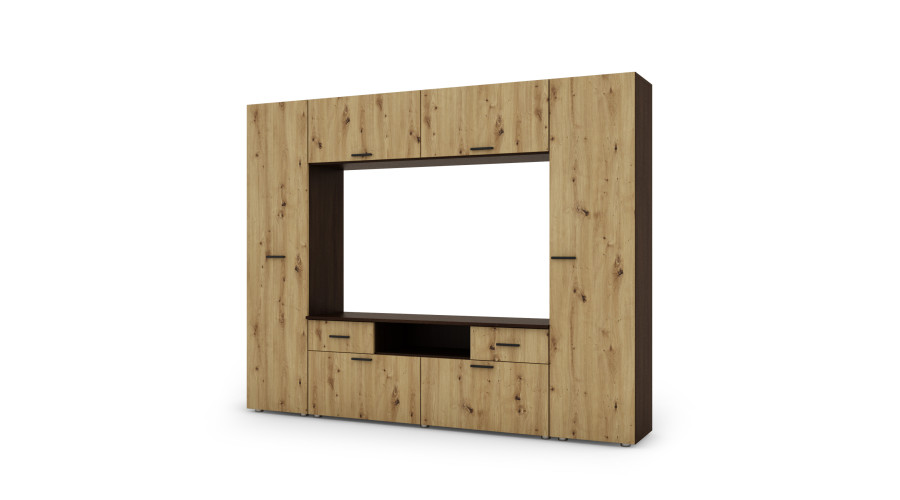 Įmontuojama sieninė spintelė su vieta televizoriui 240 × 190 cm Sonoma Ciemna / Dąb Artisan – PLUTON