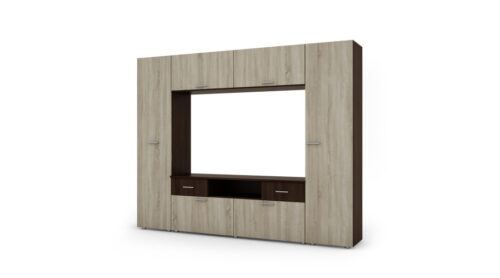 Įmontuojama sieninė spintelė su vieta televizoriui 240 × 190 cm Sonoma Ciemna / Sonoma Jasna – PLUTON