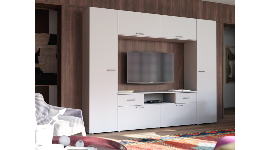 Įmontuojama sieninė spintelė su vieta televizoriui 240 × 190 cm, Szary Jasny – PLUTON - Paveikslėlis 2