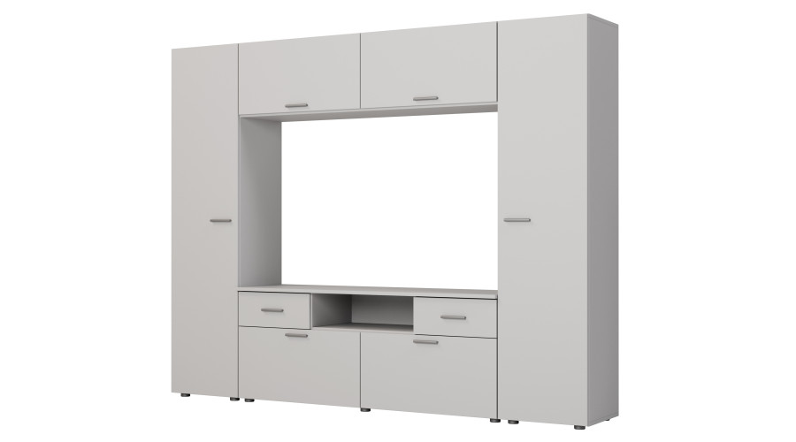 Įmontuojama sieninė spintelė su vieta televizoriui 240 × 190 cm, Szary Jasny – PLUTON